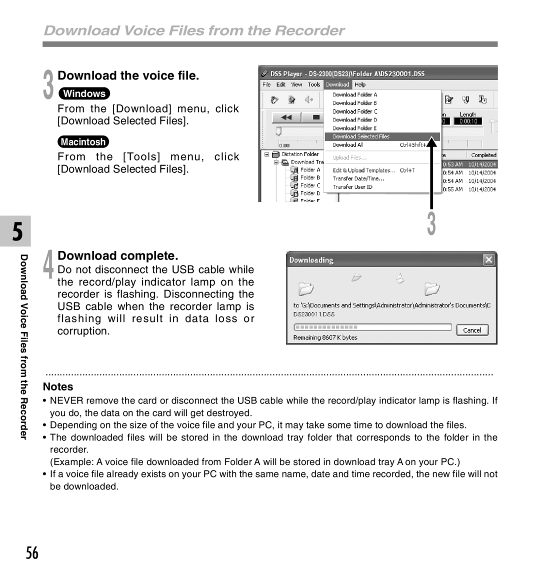 Olympus DS-2300 manual Download Voice Files from the Recorder, 4Download complete 