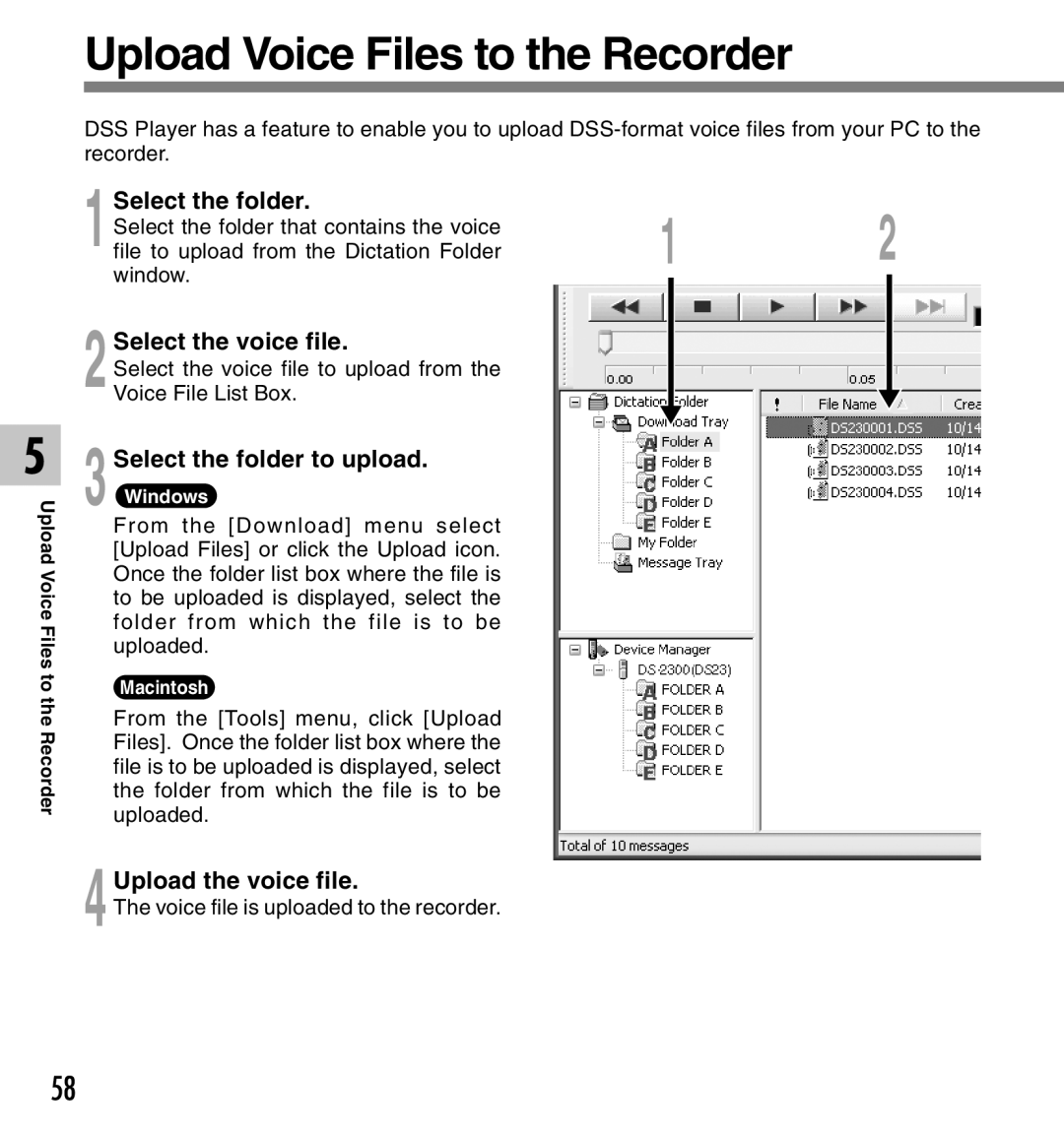 Olympus DS-2300 manual Upload Voice Files to the Recorder, Select the folder to upload, Upload the voice file 