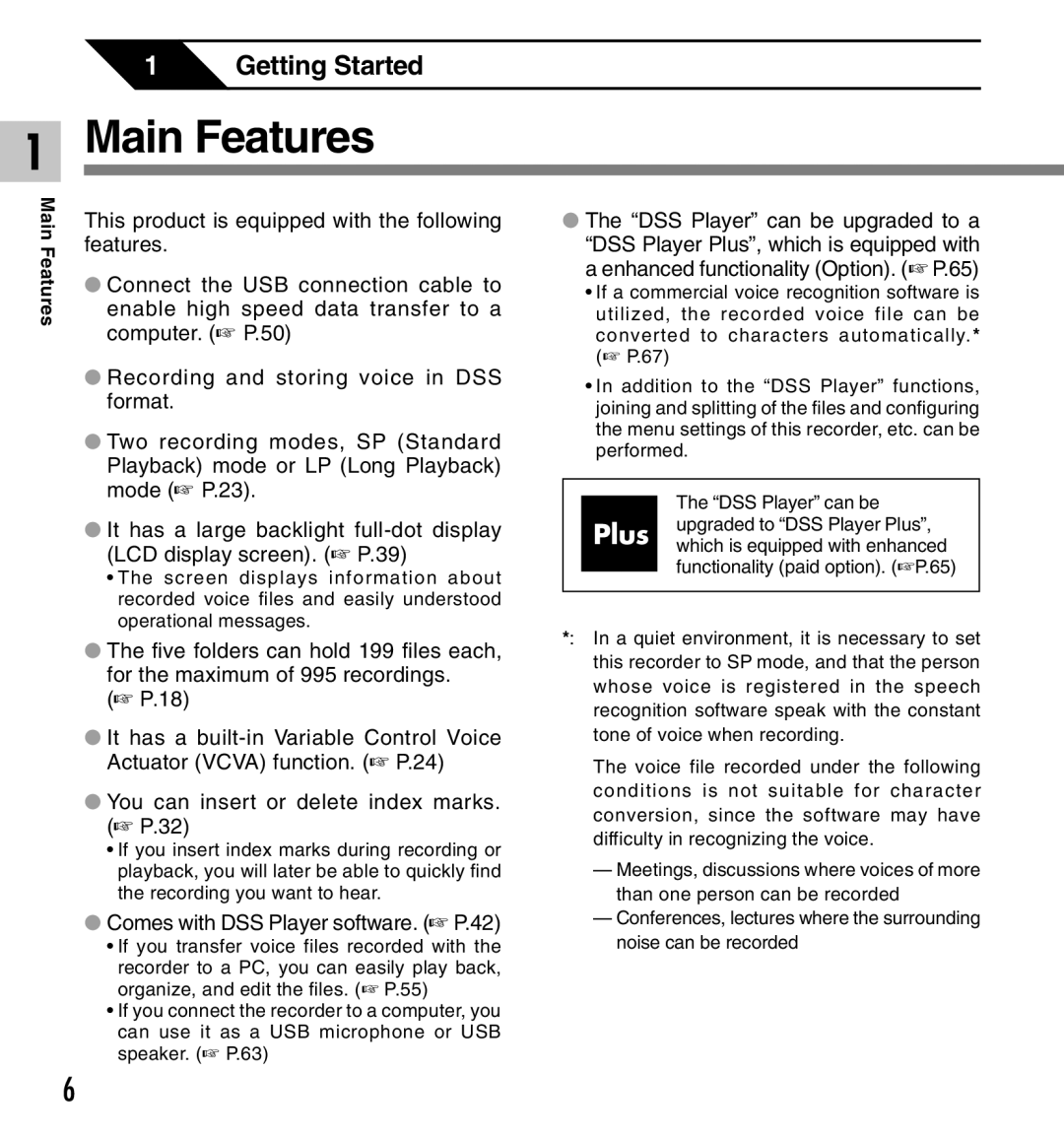 Olympus DS-2300 manual Main Features, Comes with DSS Player software. P.42 