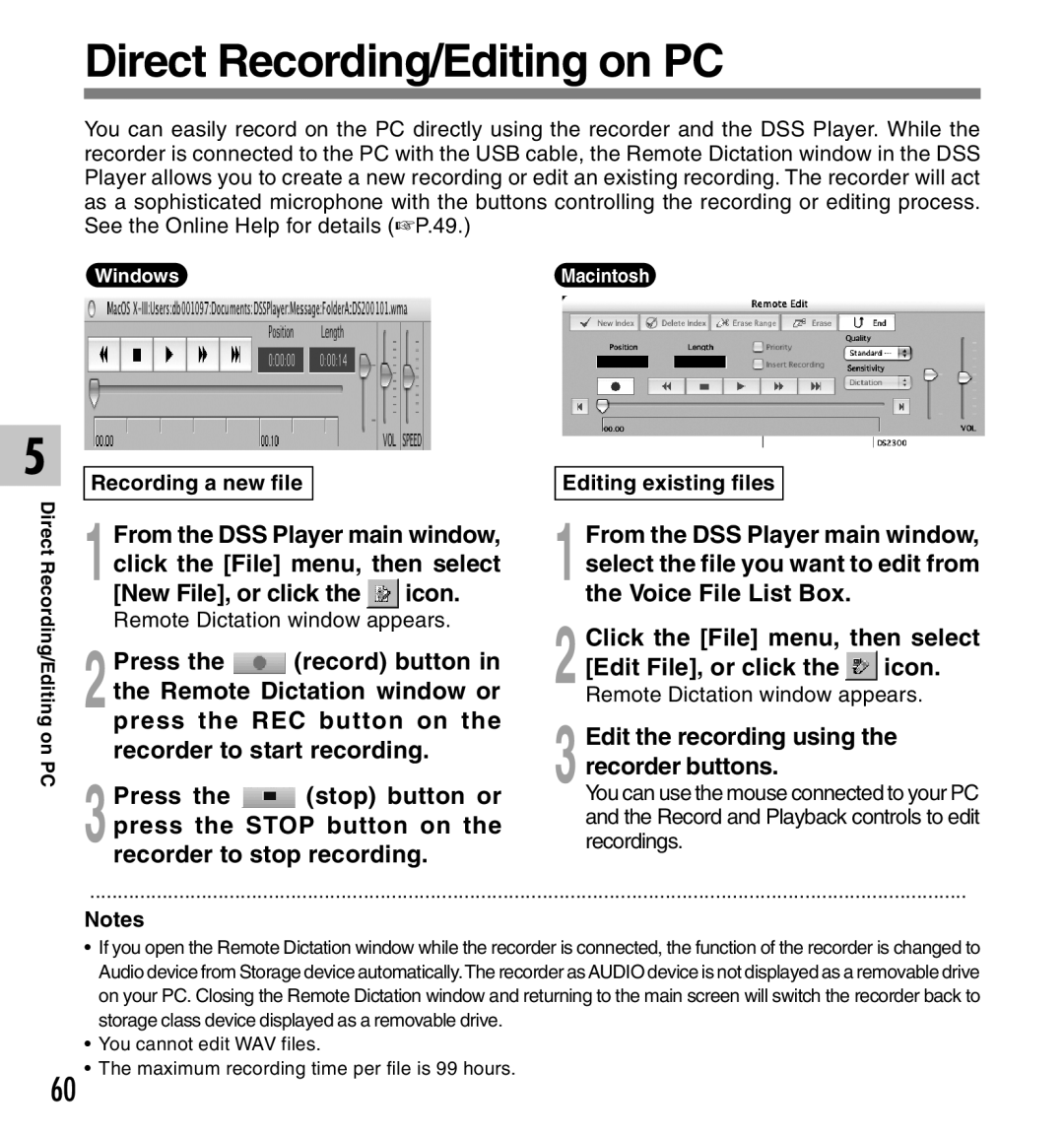 Olympus DS-2300 Direct Recording/Editing on PC, New File, or click Icon, Edit the recording using the recorder buttons 