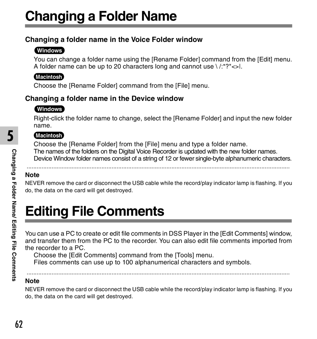 Olympus DS-2300 manual Changing a Folder Name, Editing File Comments, Changing a folder name in the Voice Folder window 