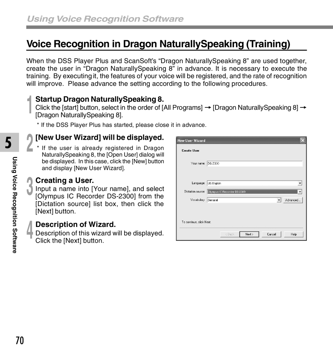 Olympus DS-2300 manual Voice Recognition in Dragon NaturallySpeaking Training, 3Creating a User, 4Description of Wizard 