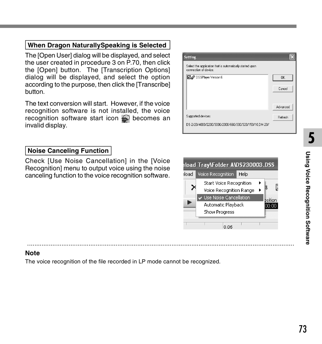 Olympus DS-2300 manual When Dragon NaturallySpeaking is Selected, Noise Canceling Function 