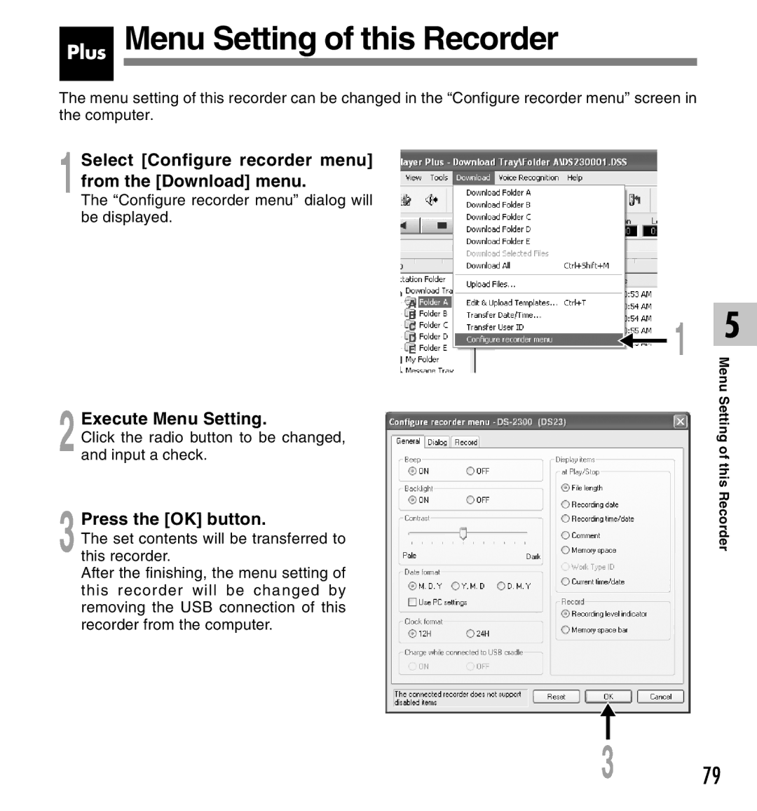 Olympus DS-2300 manual Plus Menu Setting of this Recorder, Select Configure recorder menu from the Download menu 