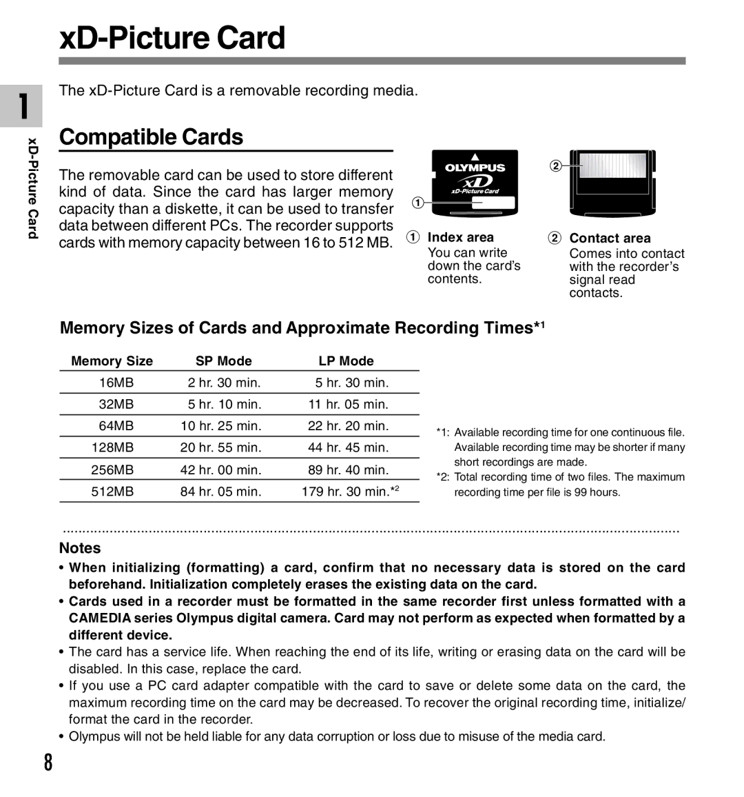 Olympus DS-2300 manual XD-Picture Card, Compatible Cards, Memory Sizes of Cards and Approximate Recording Times*1 