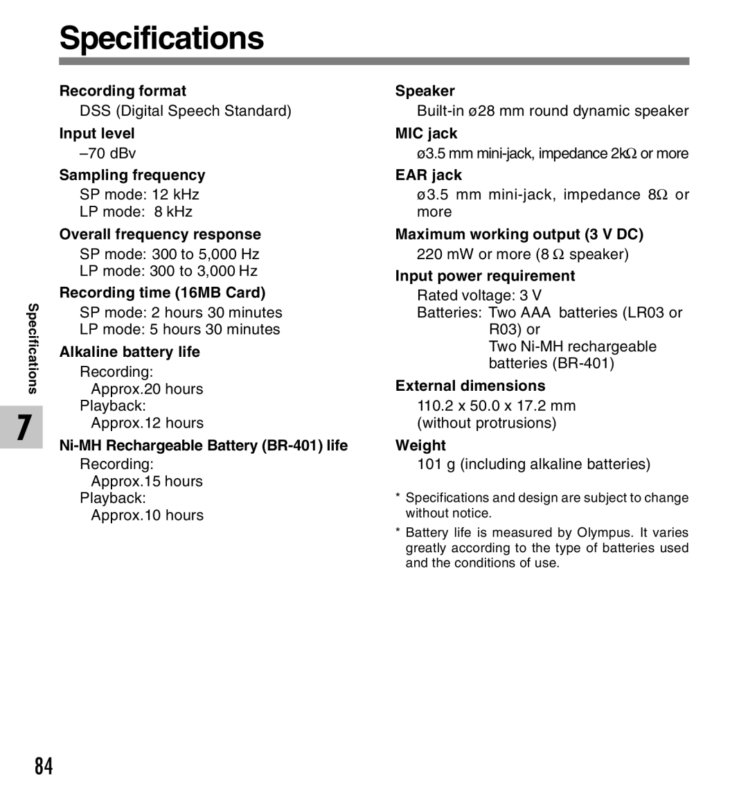 Olympus DS-2300 manual Specifications 