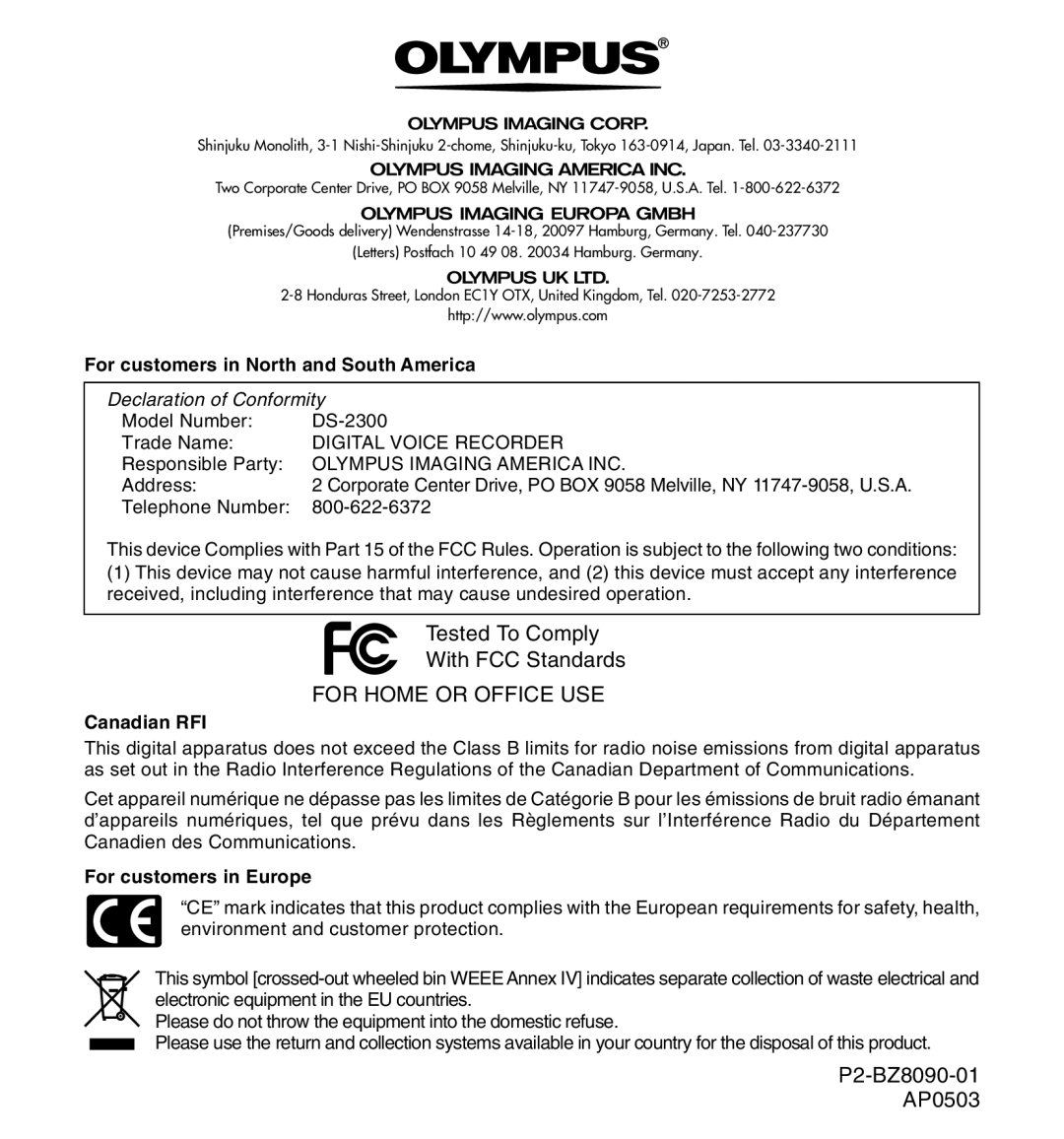 Olympus DS-2300 manual For Home or Office USE 