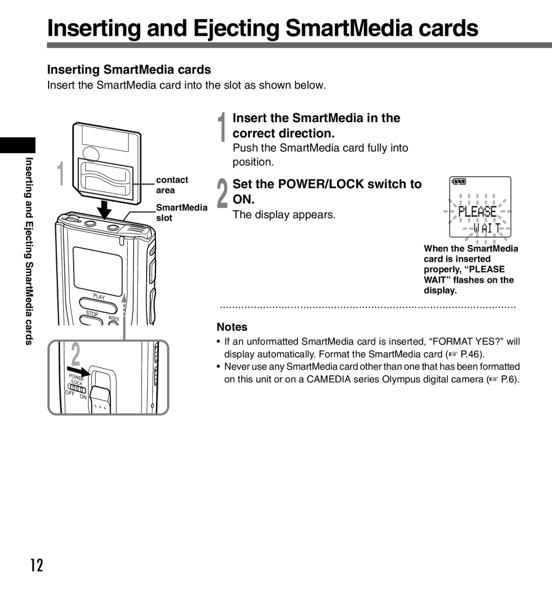 Olympus DS-3000 manual Inserting and Ejecting SmartMedia cards, Inserting SmartMedia cards, Insert the SmartMedia 