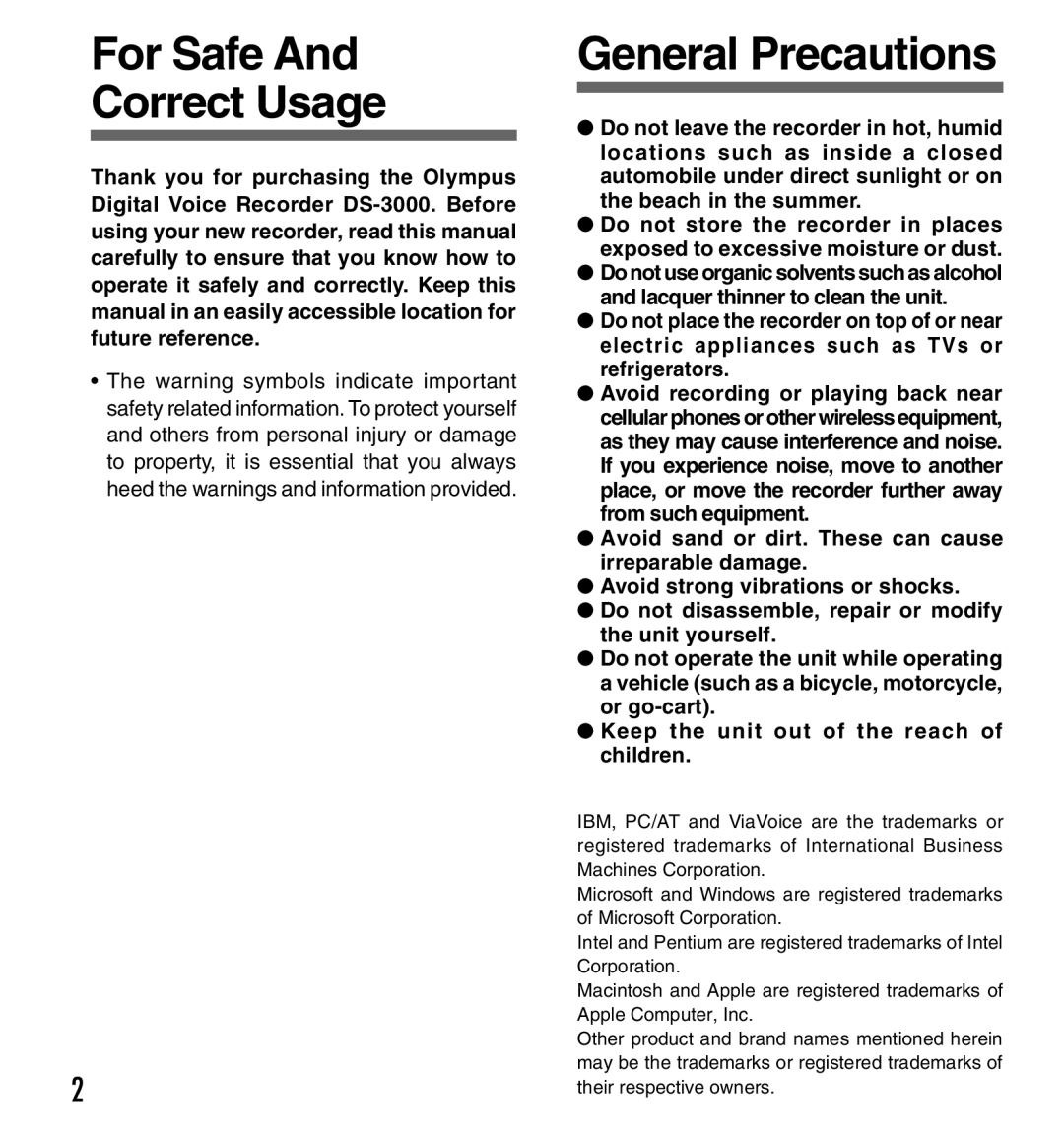 Olympus DS-3000 manual For Safe Correct Usage, General Precautions 