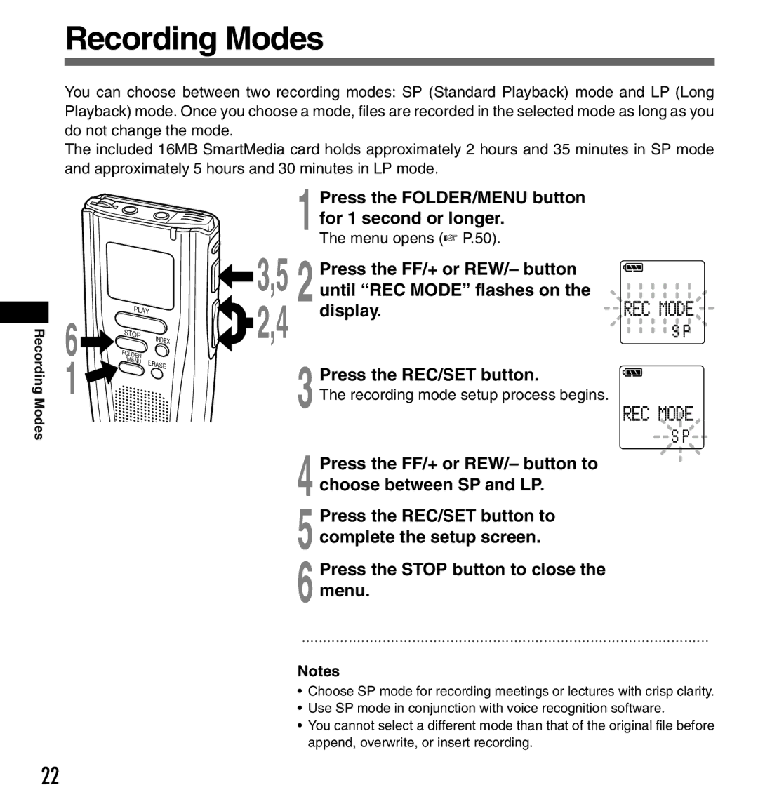 Olympus DS-3000 manual Recording Modes, Press the FOLDER/MENU button for 1 second or longer, Display 