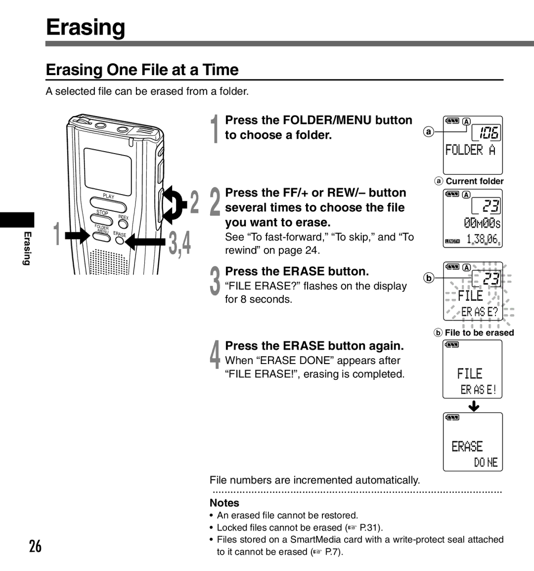 Olympus DS-3000 manual Erasing One File at a Time 