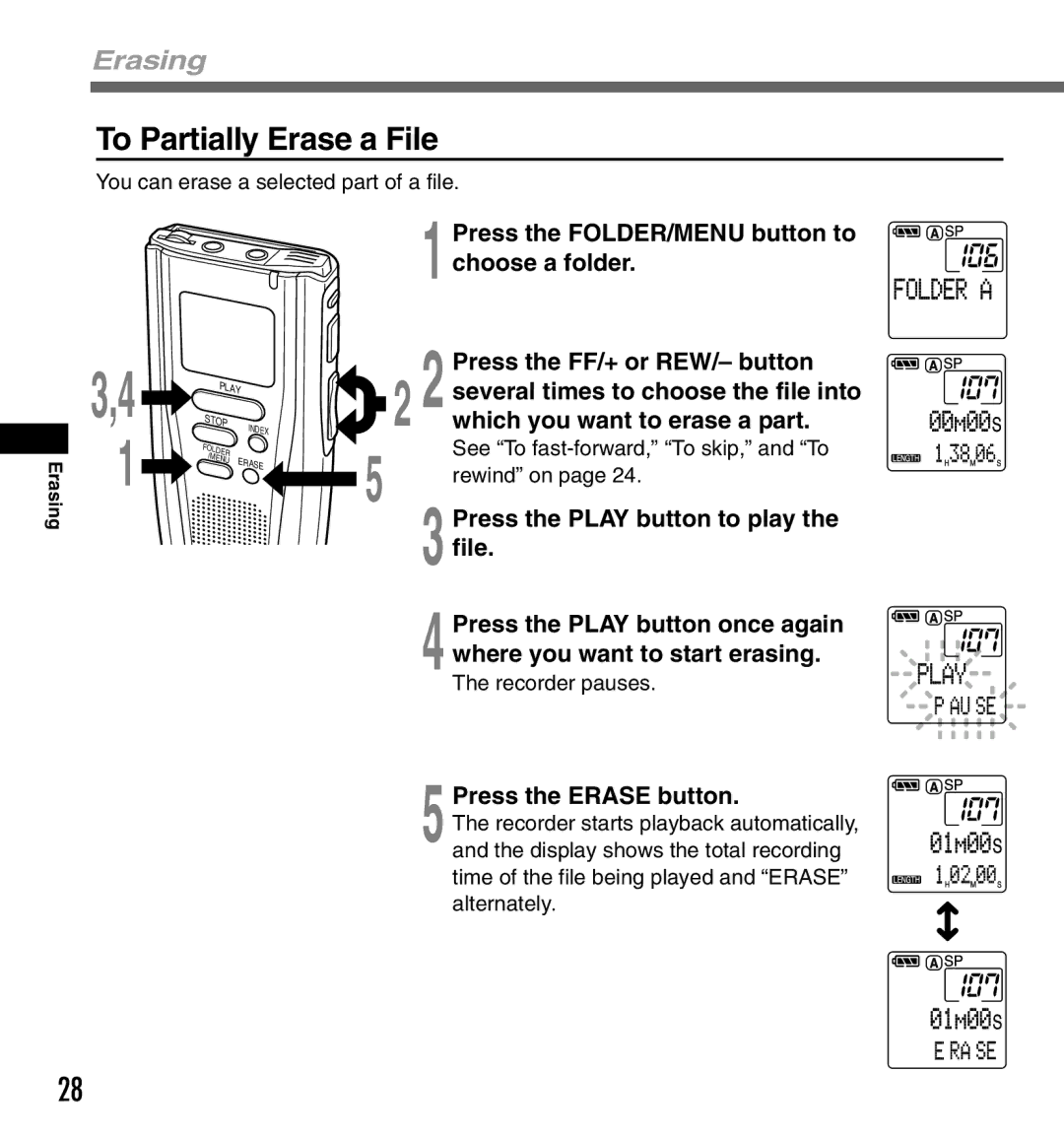 Olympus DS-3000 manual To Partially Erase a File 