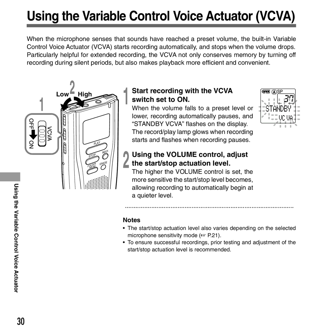 Olympus DS-3000 manual Using the Variable Control Voice Actuator Vcva, High Low 