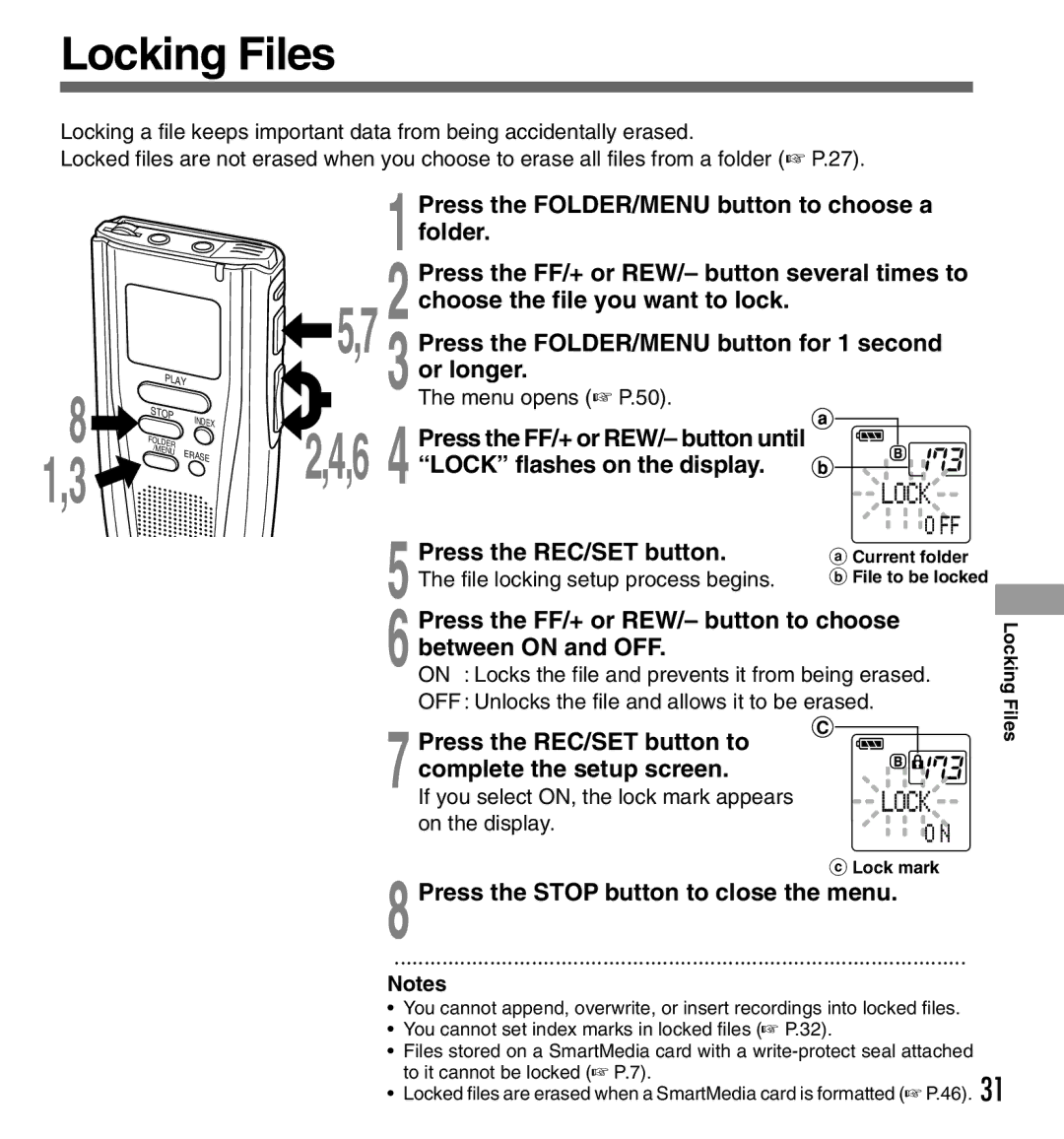 Olympus DS-3000 manual Locking Files, Press the REC/SET button, Press the FF/+ or REW/- button to choose between on and OFF 