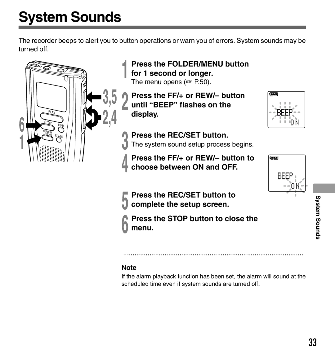 Olympus DS-3000 manual System Sounds, For 1 second or longer, Until Beep flashes on, Menu opens P.50 