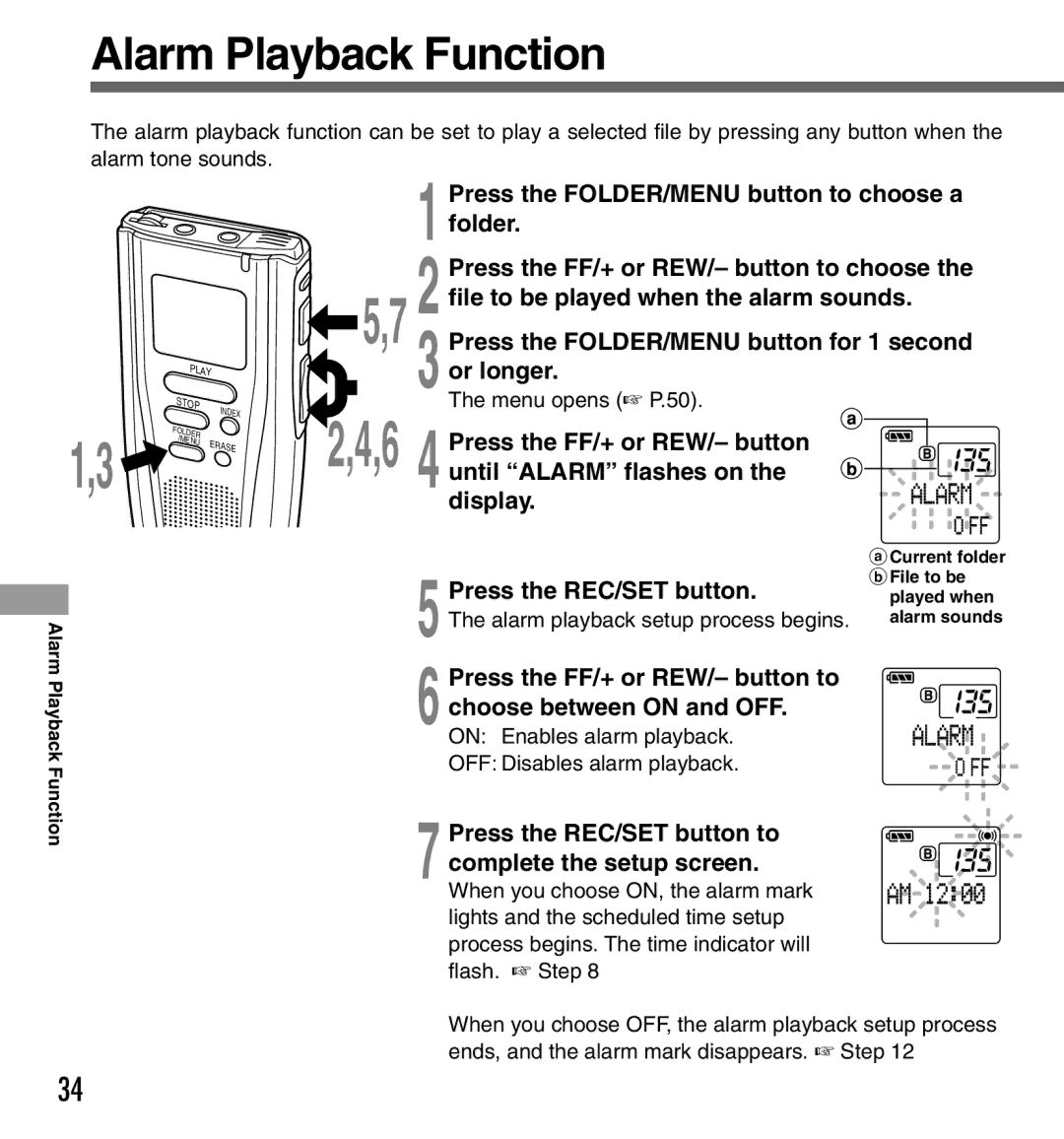 Olympus DS-3000 manual Alarm Playback Function, Alarm playback setup process begins 