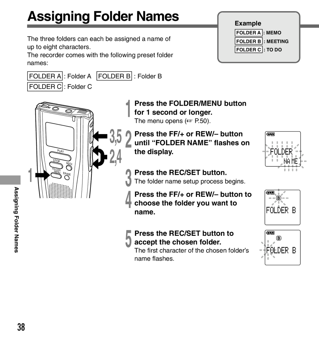 Olympus DS-3000 manual Assigning Folder Names, Press the REC/SET button to accept the chosen folder, Example 