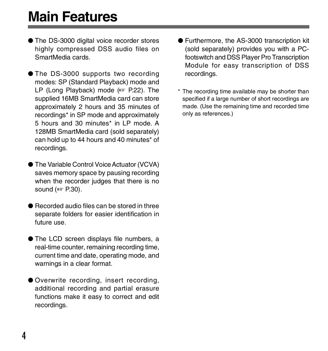 Olympus DS-3000 manual Main Features 