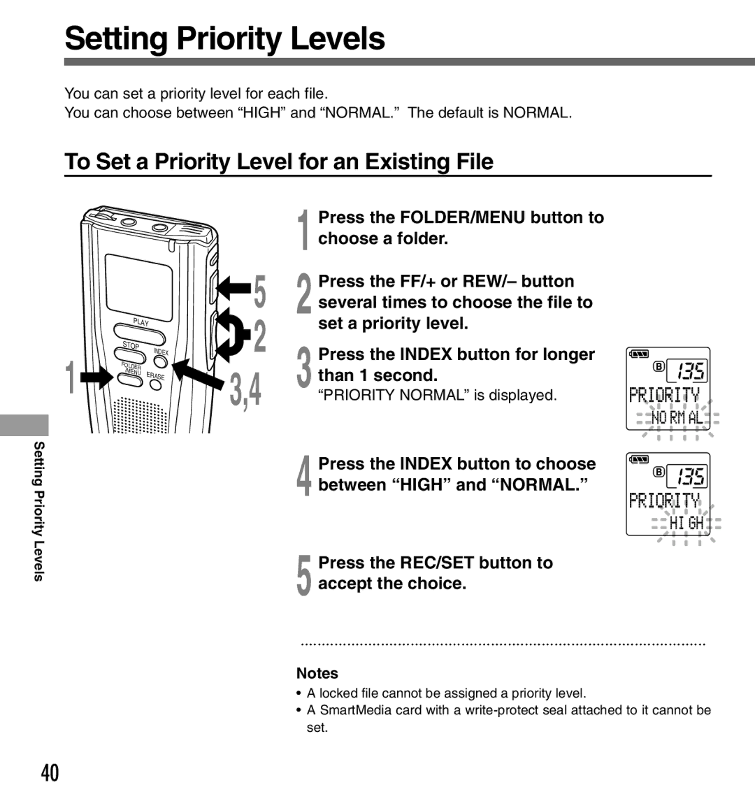 Olympus DS-3000 manual Setting Priority Levels, To Set a Priority Level for an Existing File 