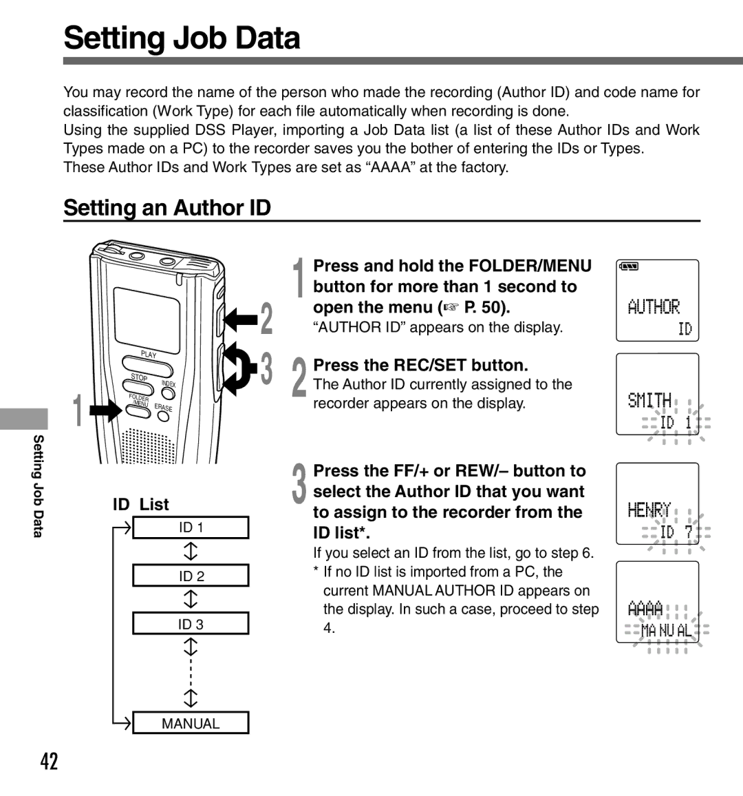 Olympus DS-3000 manual Setting Job Data, Setting an Author ID, Open the menu P, Author ID appears on the display 