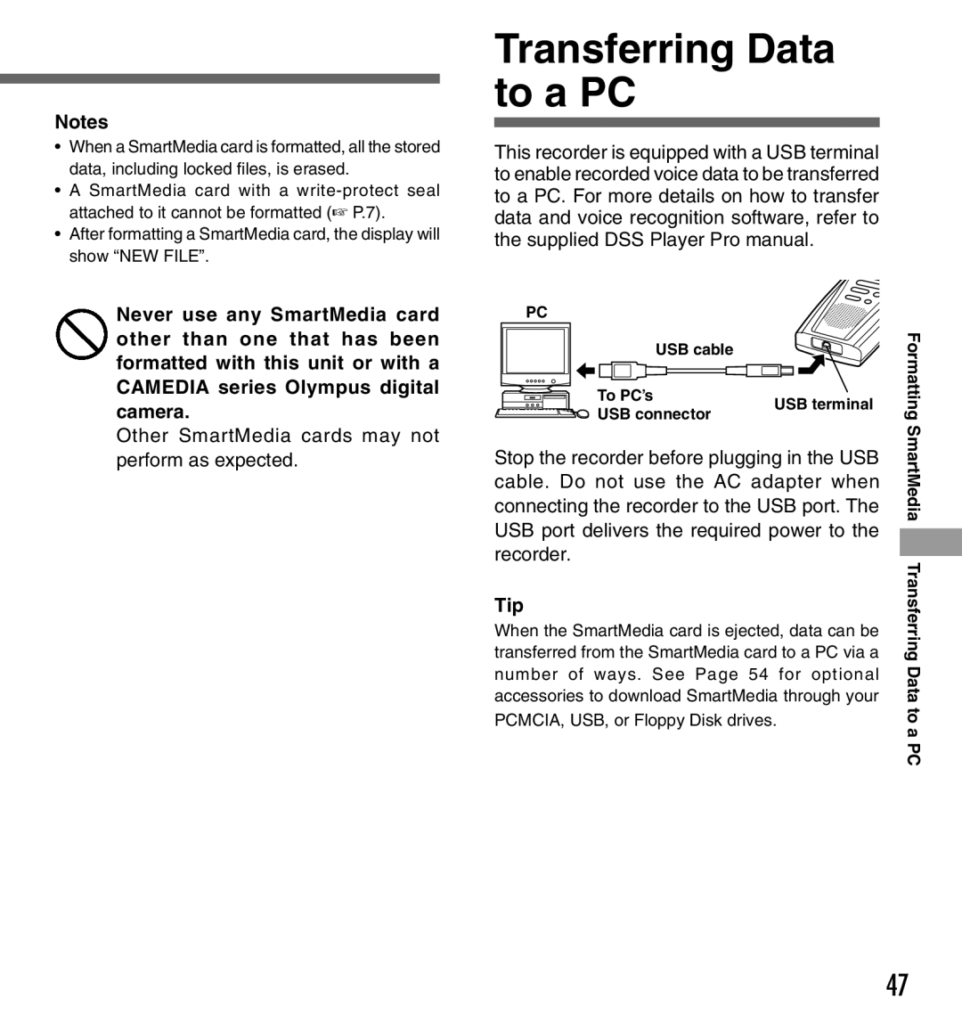 Olympus DS-3000 manual Transferring Data to a PC, Other SmartMedia cards may not perform as expected, Tip 