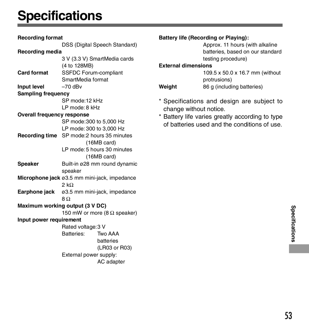 Olympus DS-3000 manual Specifications, Overall frequency response 