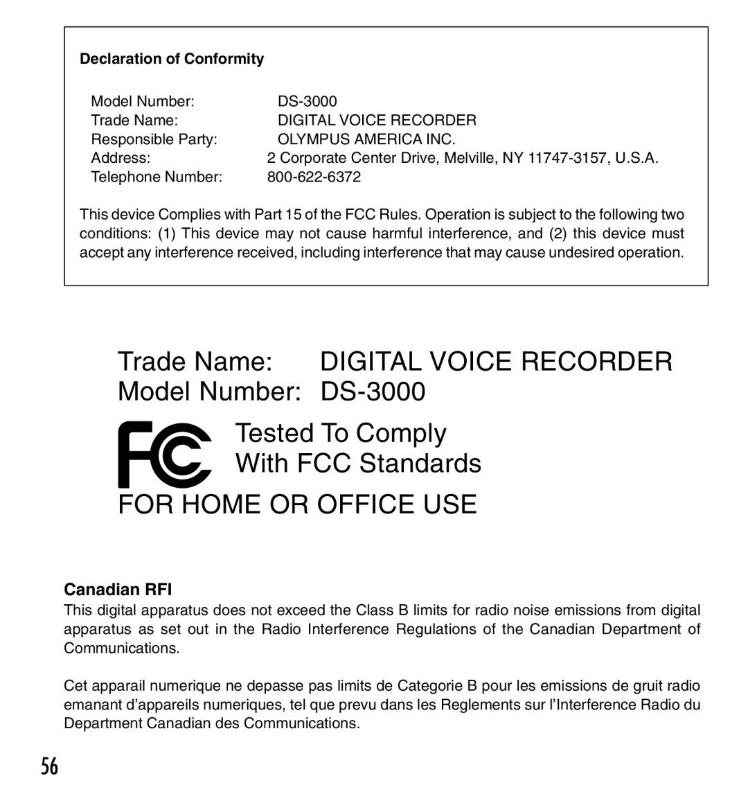 Olympus manual Canadian RFI, Model Number DS-3000 Trade Name, Responsible Party, Address, Telephone Number 