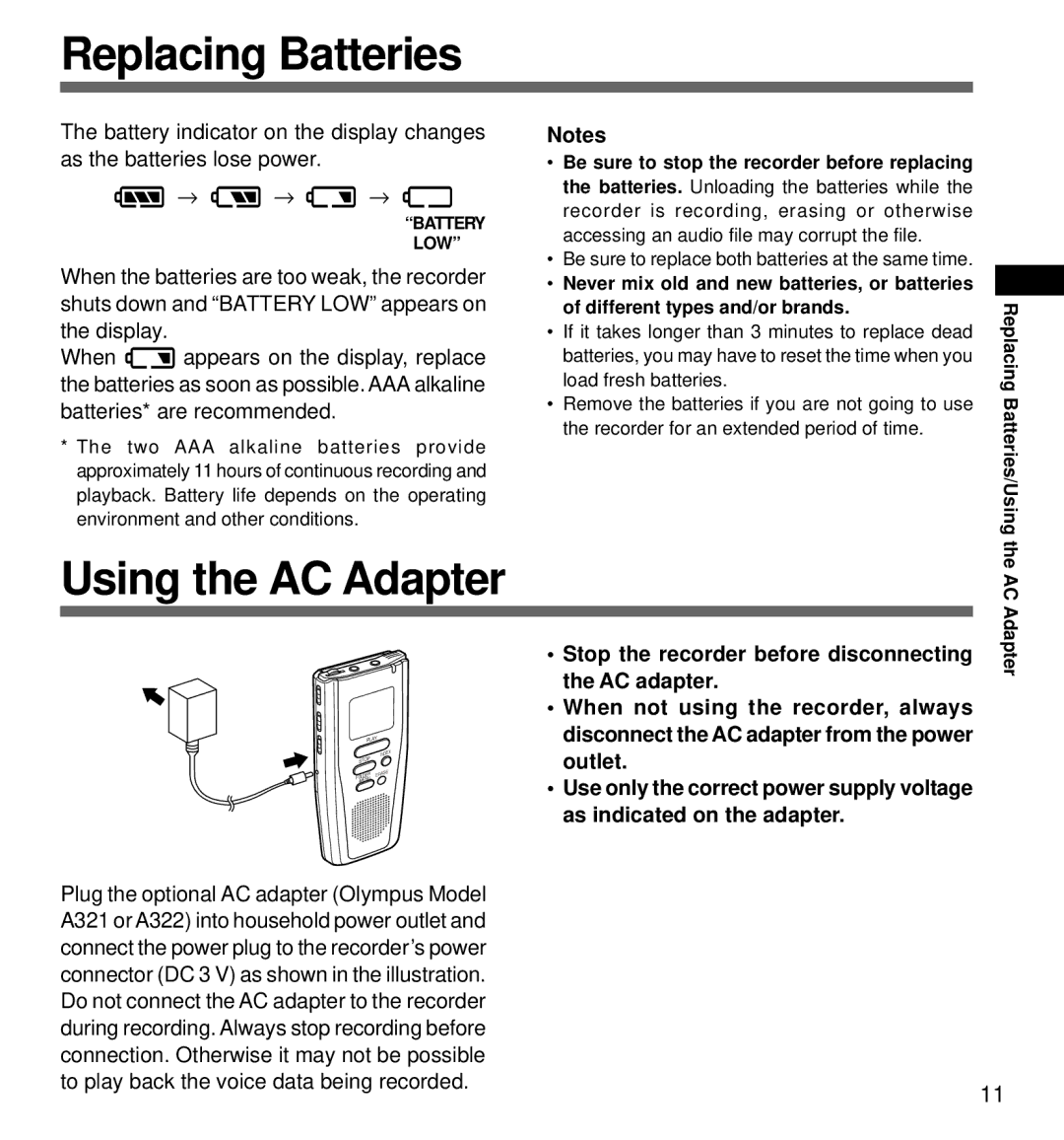 Olympus DS-3000 manual Replacing Batteries, Using the AC Adapter 