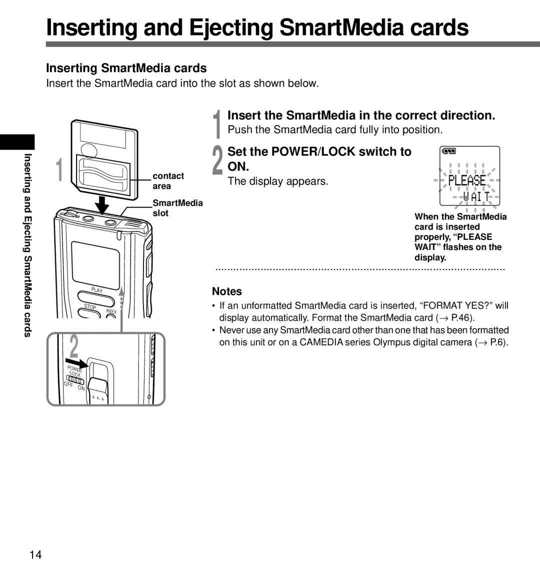 Olympus DS-3000 manual Inserting and Ejecting SmartMedia cards, Inserting SmartMedia cards, Set the POWER/LOCK switch to 