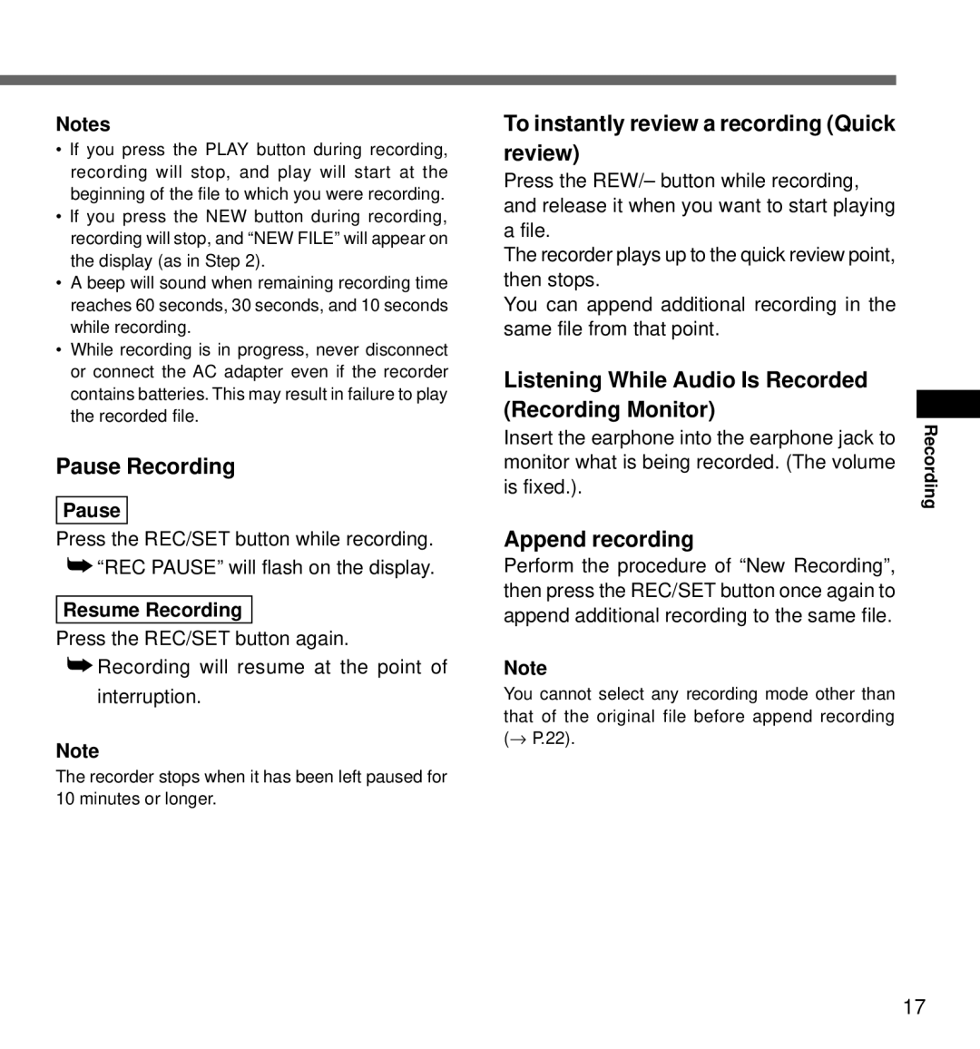 Olympus DS-3000 manual Pause Recording, To instantly review a recording Quick review, Append recording 