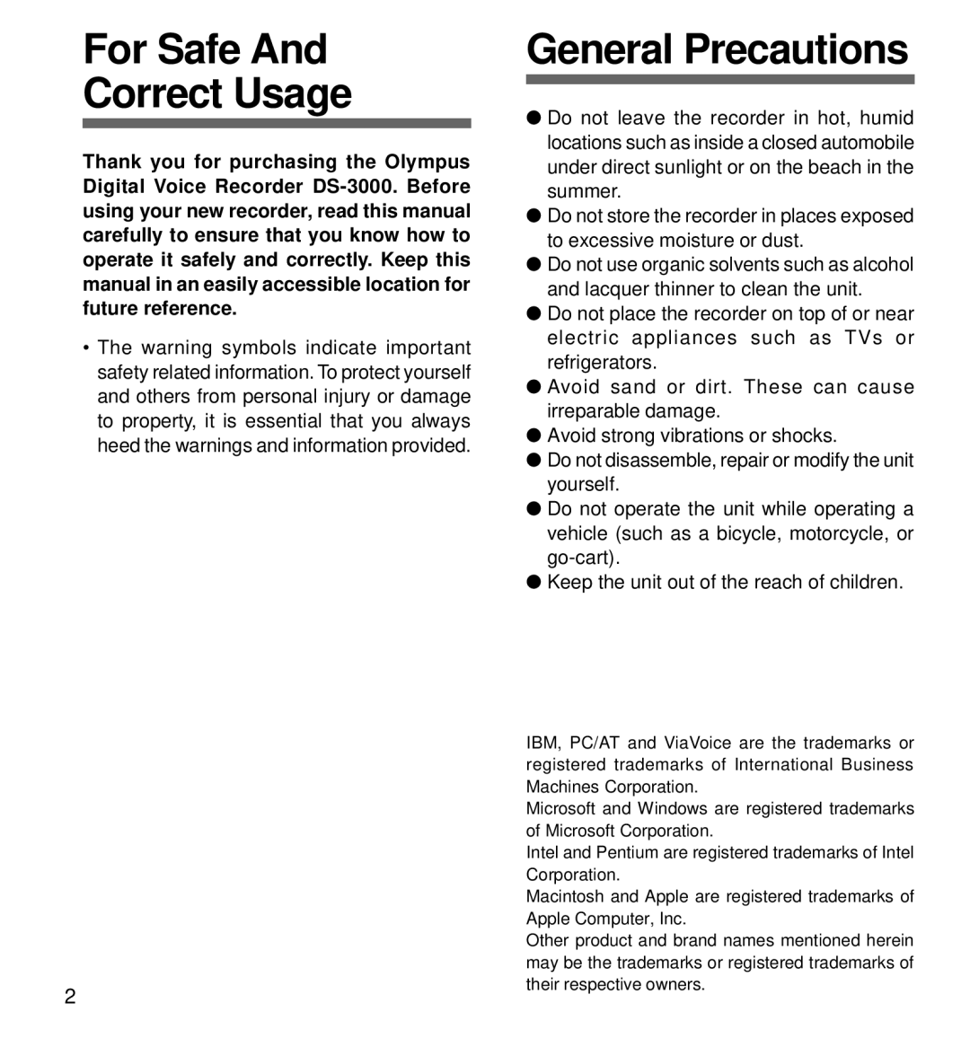 Olympus DS-3000 manual For Safe Correct Usage, General Precautions 