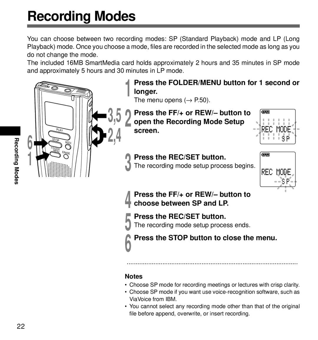 Olympus DS-3000 manual Recording Modes, Press the FOLDER/MENU button for 1 second or longer 