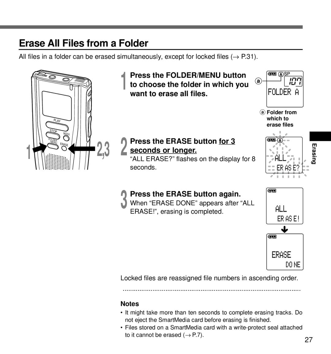 Olympus DS-3000 manual Erase All Files from a Folder, ALL ERASE? flashes on the display for 8 seconds 