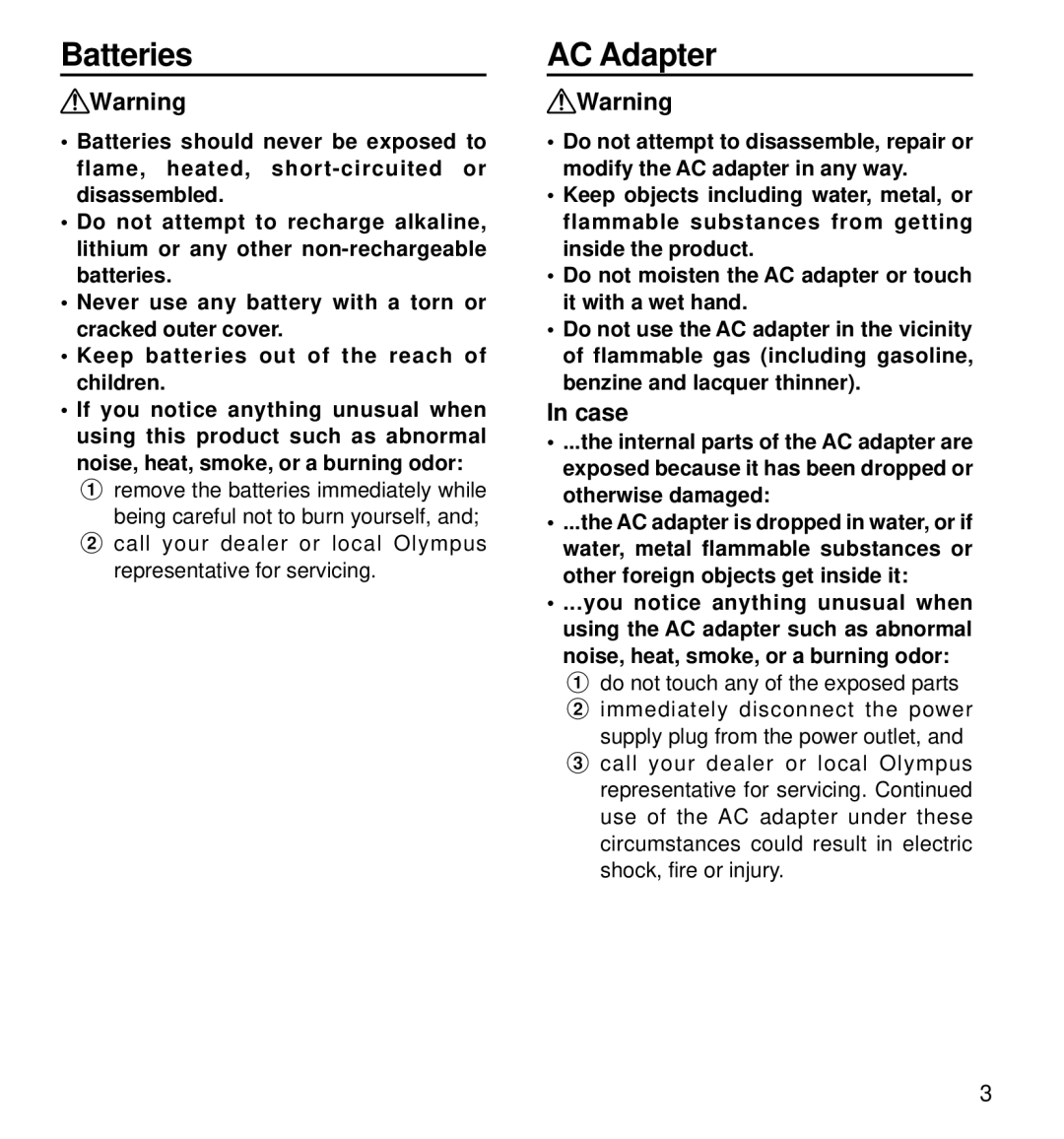 Olympus DS-3000 manual Batteries, AC Adapter, Case 