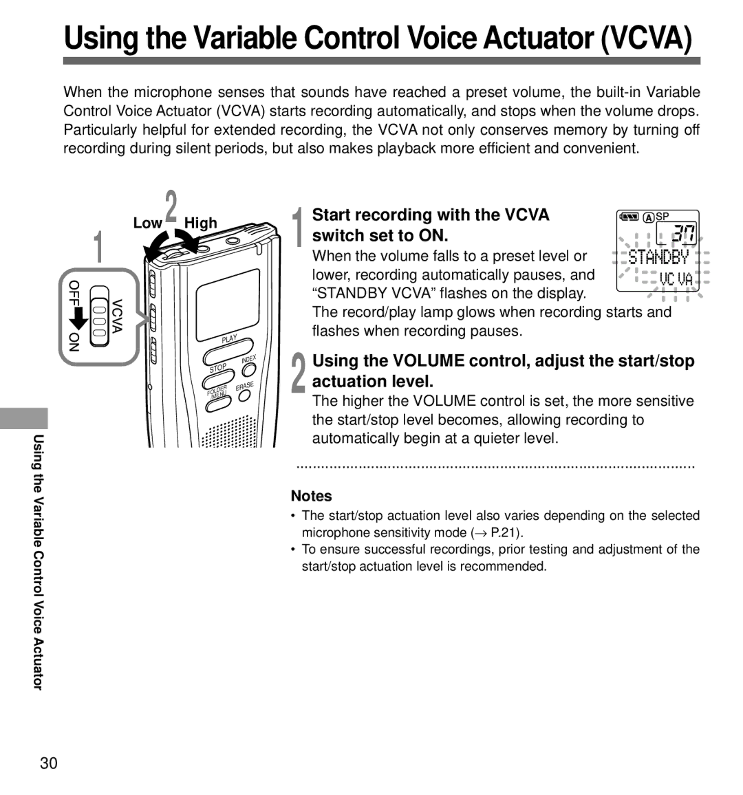 Olympus DS-3000 manual Using the Variable Control Voice Actuator Vcva, High Low 