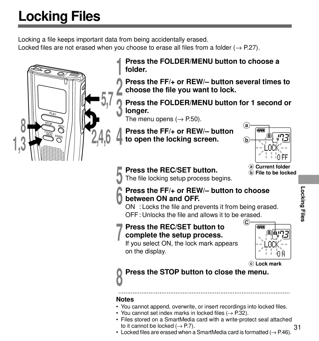 Olympus DS-3000 manual Locking Files, Press the REC/SET button. bFile to be locked 