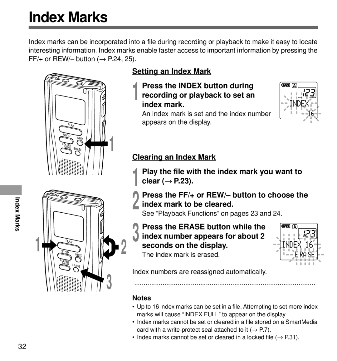 Olympus DS-3000 manual Index Marks, Clearing an Index Mark, Press the Erase button while, Index number appears for about 