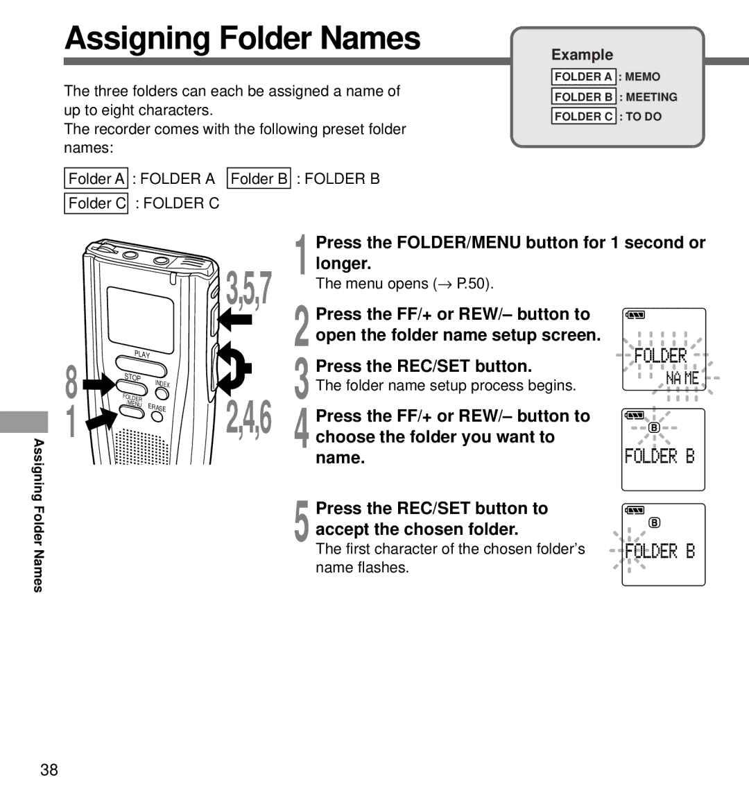 Olympus DS-3000 manual Assigning Folder Names, Open the folder name setup screen, 6 4 choose the folder you want to 