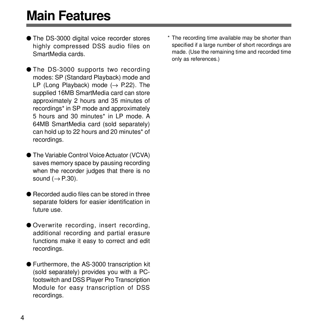 Olympus DS-3000 manual Main Features 