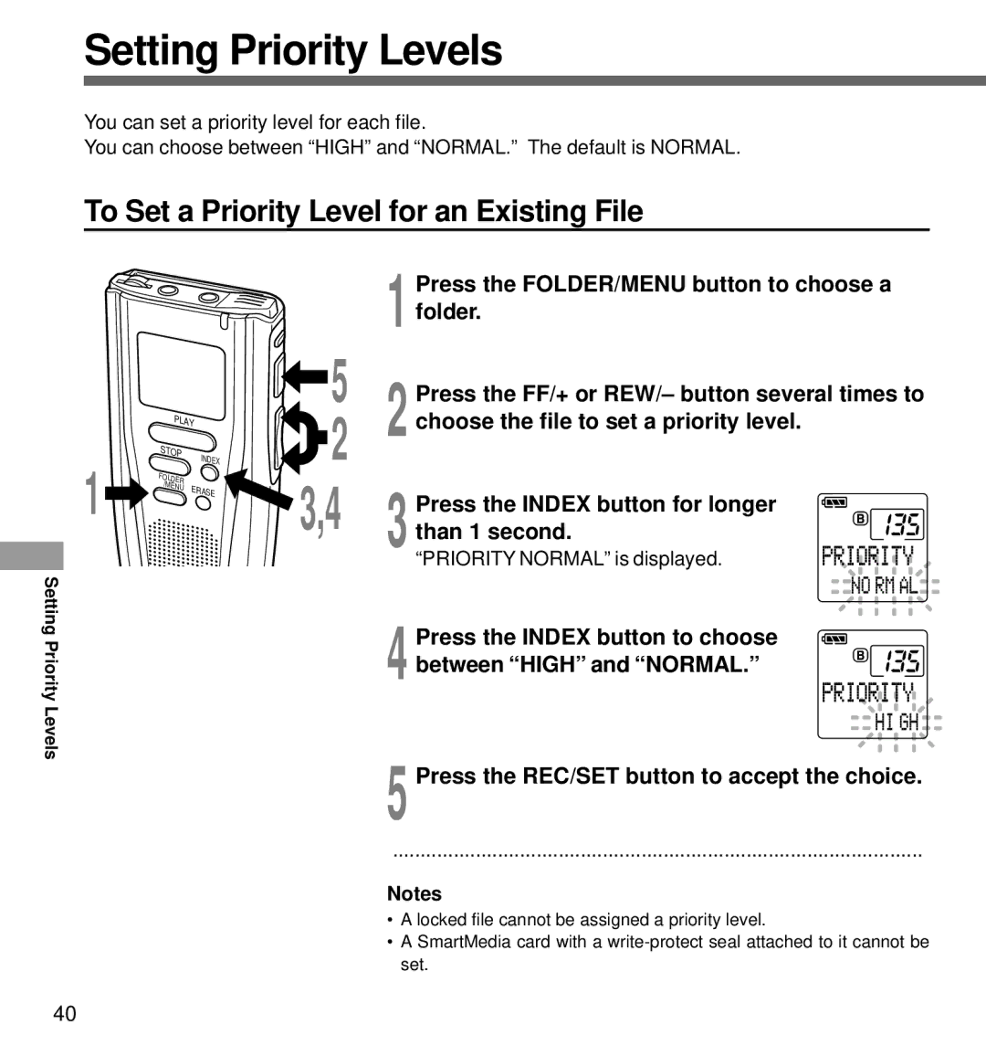 Olympus DS-3000 manual Setting Priority Levels, To Set a Priority Level for an Existing File, Priority Normal is displayed 