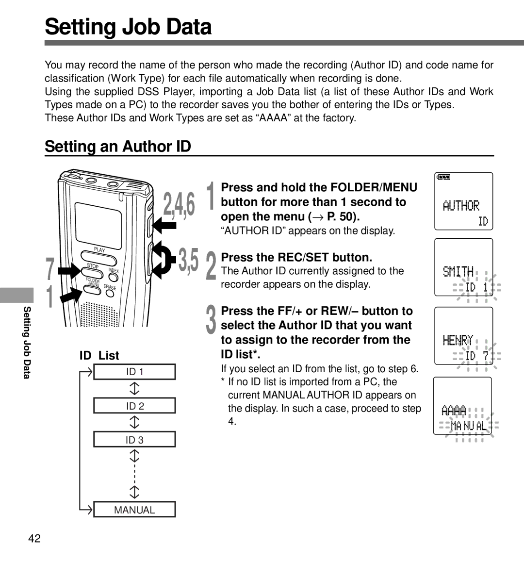 Olympus DS-3000 manual Setting Job Data, Setting an Author ID 