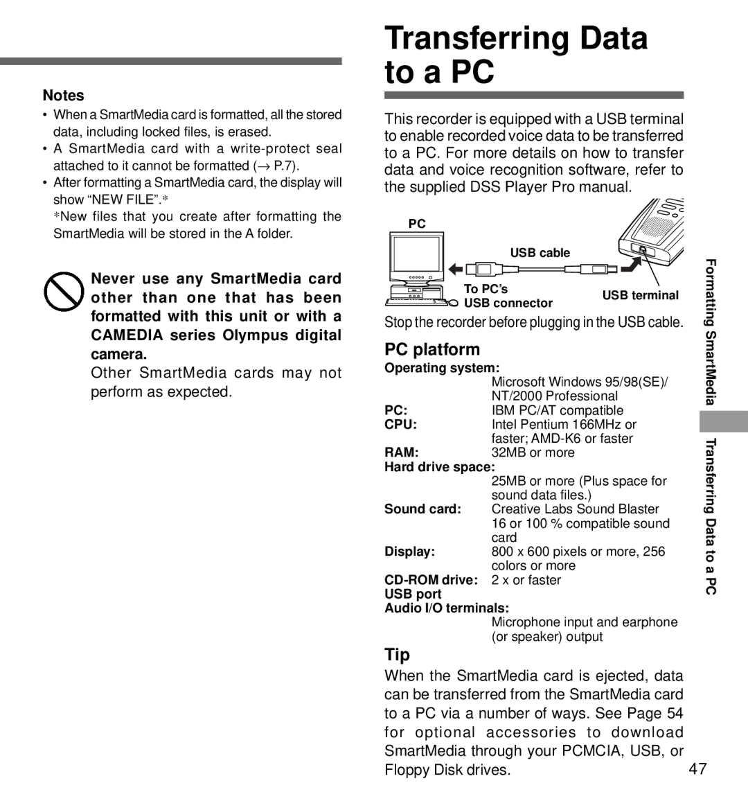 Olympus DS-3000 manual Transferring Data to a PC, PC platform, Tip, Other SmartMedia cards may not perform as expected 