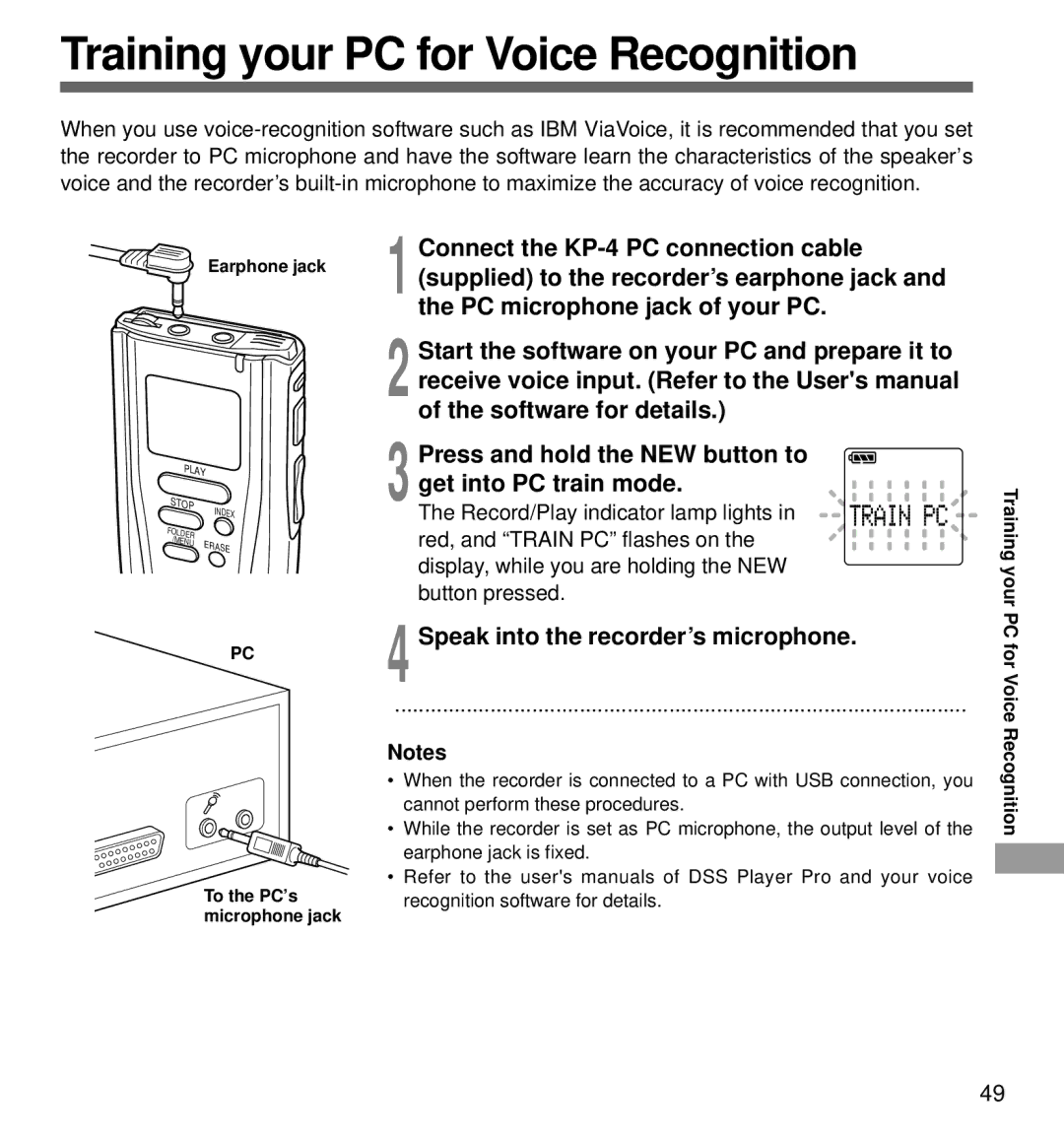 Olympus DS-3000 manual Training your PC for Voice Recognition, Speak into the recorder’s microphone 