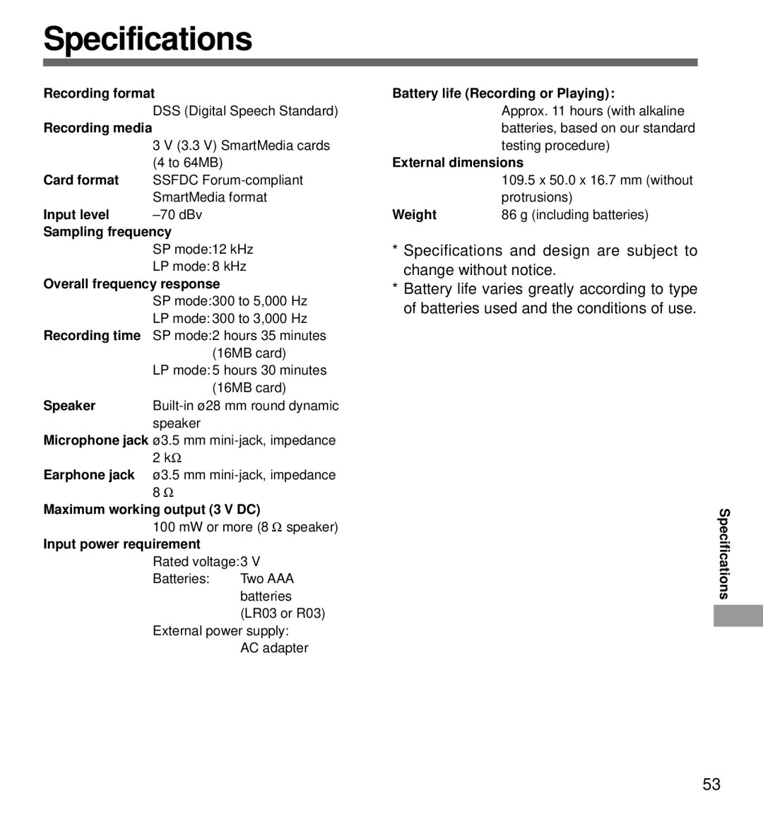 Olympus DS-3000 manual Specifications, Overall frequency response 