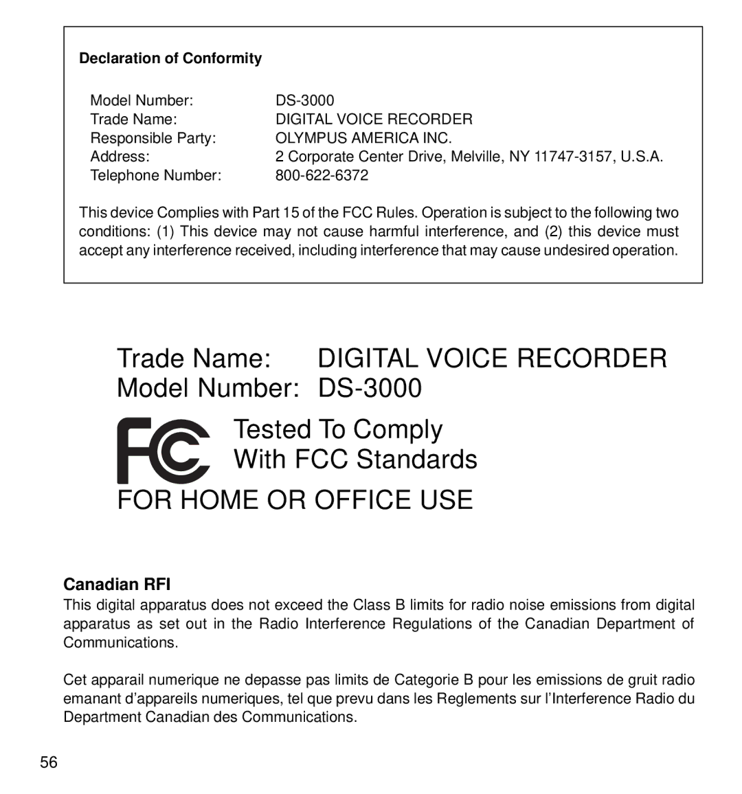 Olympus manual Canadian RFI, Model Number DS-3000 Trade Name, Responsible Party, Address, Telephone Number 