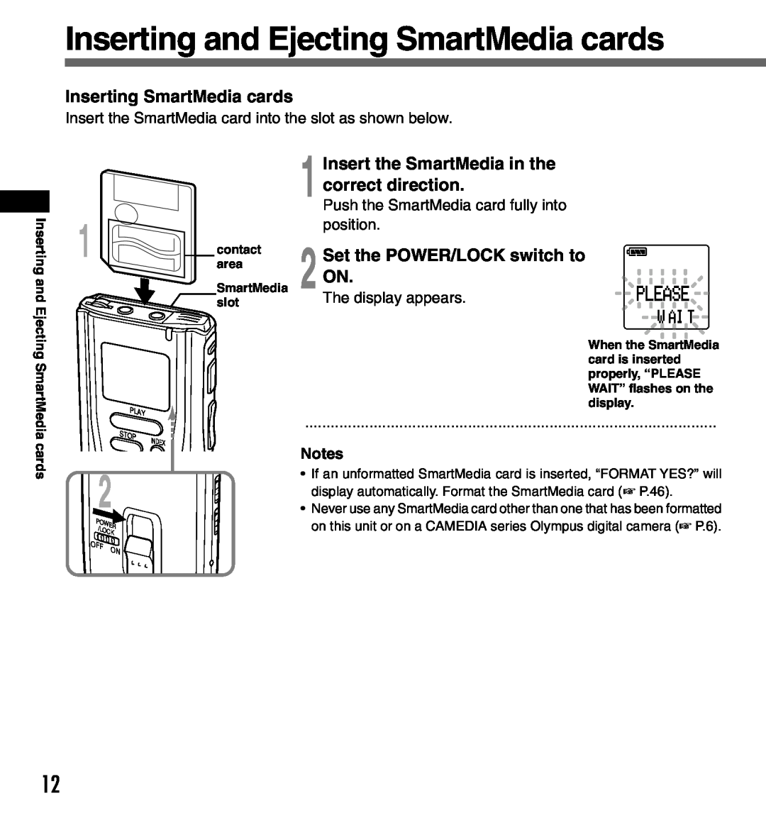 Olympus DS-3000 Inserting and Ejecting SmartMedia cards, Inserting SmartMedia cards, Insert the SmartMedia in the, 2 ON 