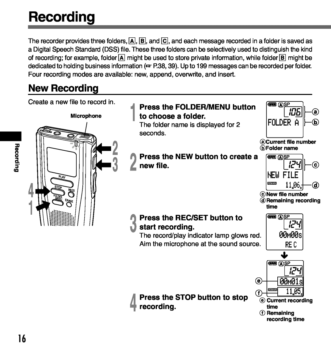 Olympus DS-3000 manual New Recording, Press the FOLDER/MENU button to choose a folder 