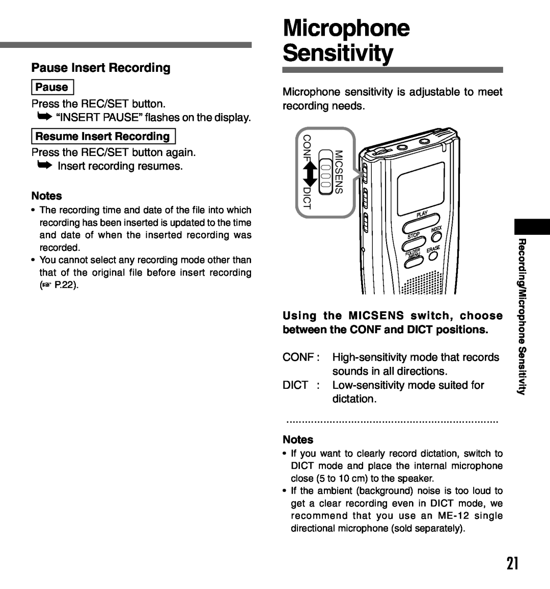 Olympus DS-3000 manual Microphone Sensitivity, Pause Insert Recording, Resume Insert Recording 