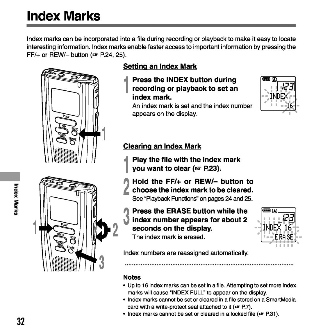 Olympus DS-3000 Index Marks, Setting an Index Mark, Clearing an Index Mark, Press the ERASE button while the, Play, Stop 