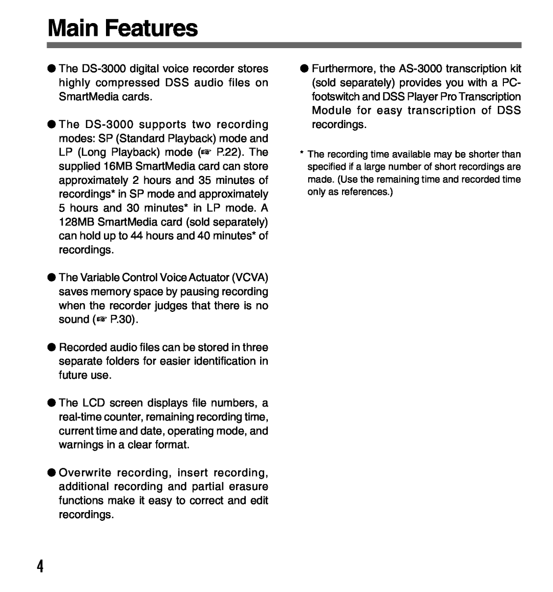Olympus DS-3000 manual Main Features 